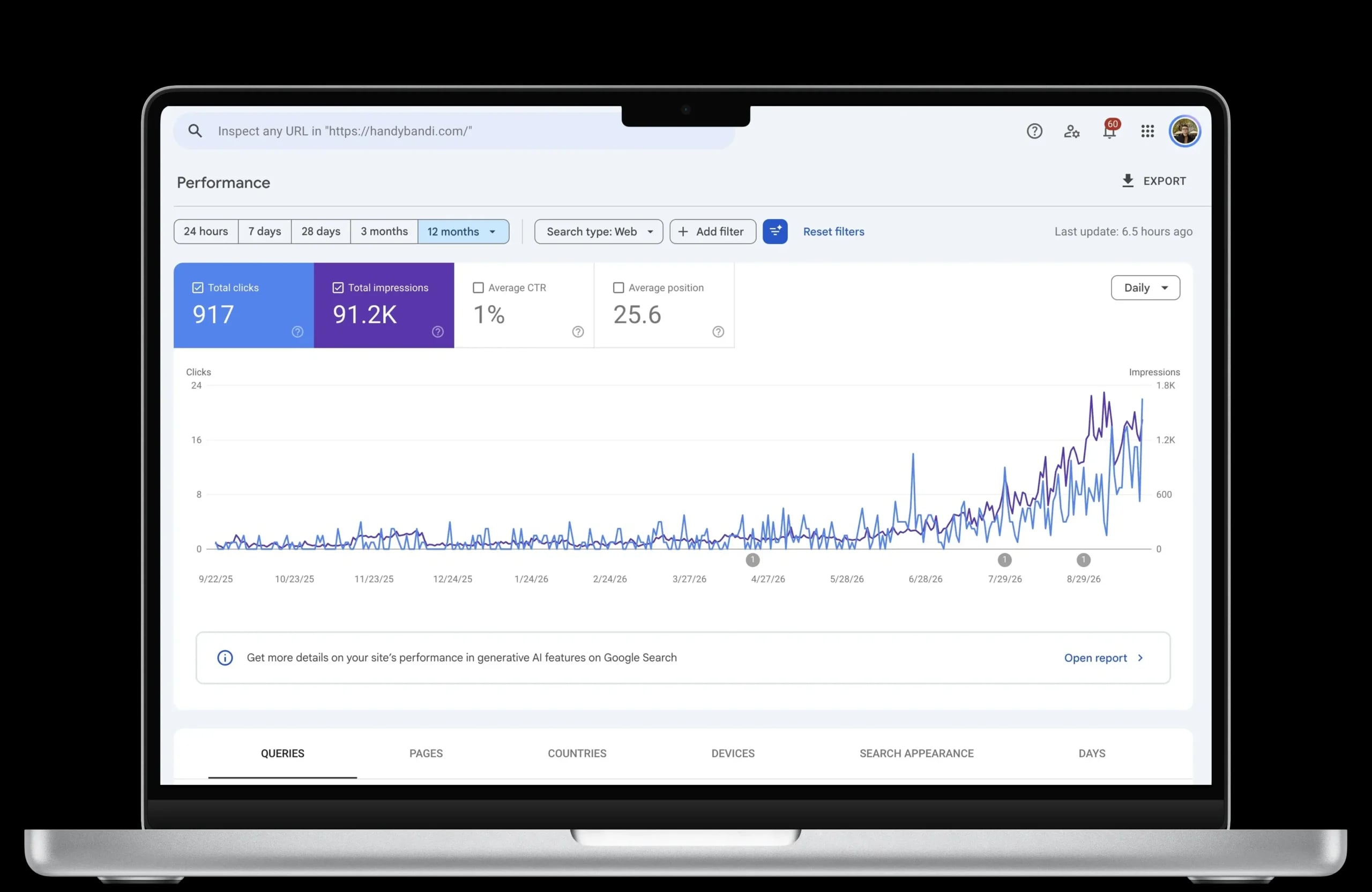 Handyman SEO results - organic clicks growth for a Chicago handyman company in Google Search Console