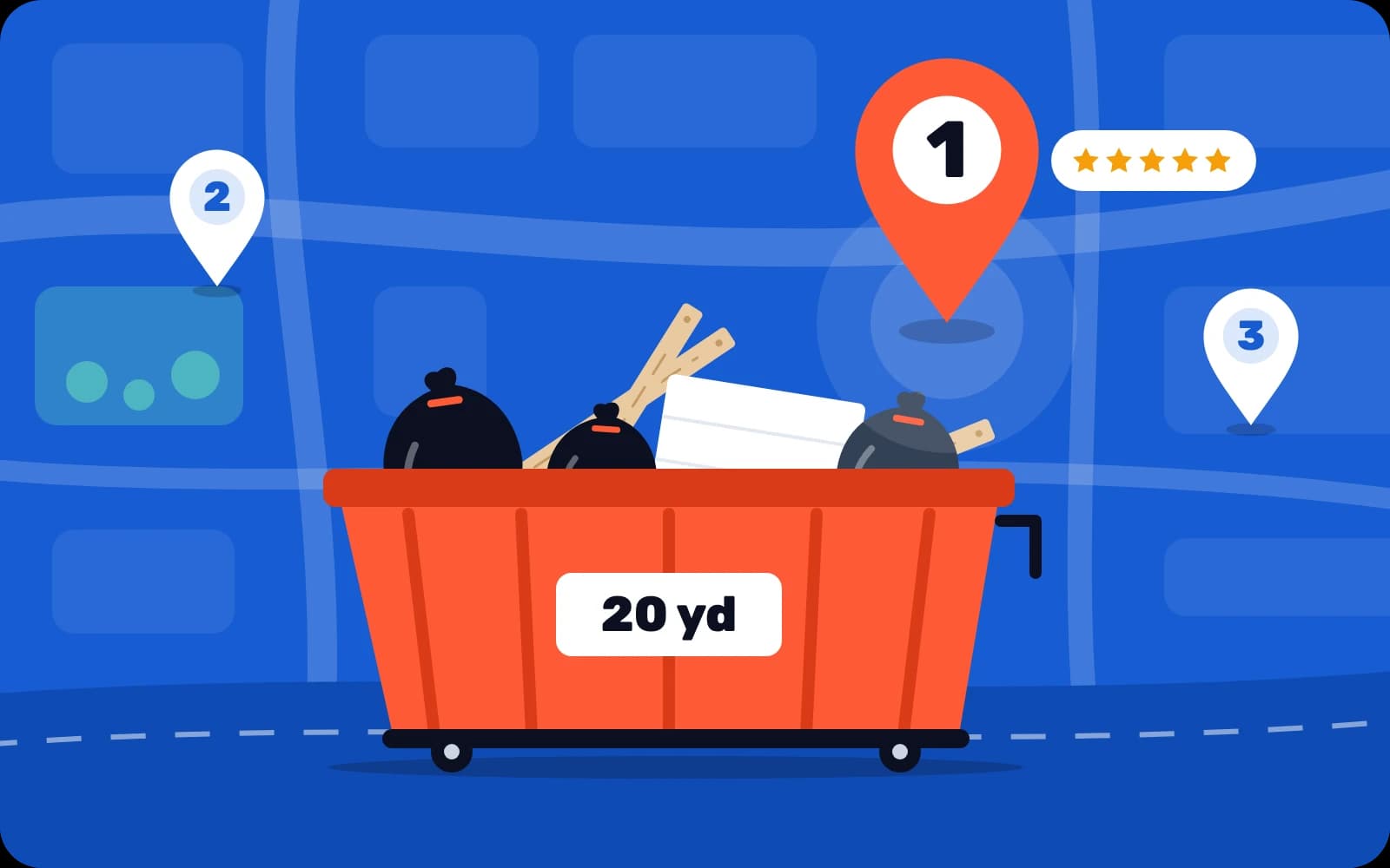 Dumpster rental SEO: a loaded 20-yard dumpster under the number one pin on Google Maps