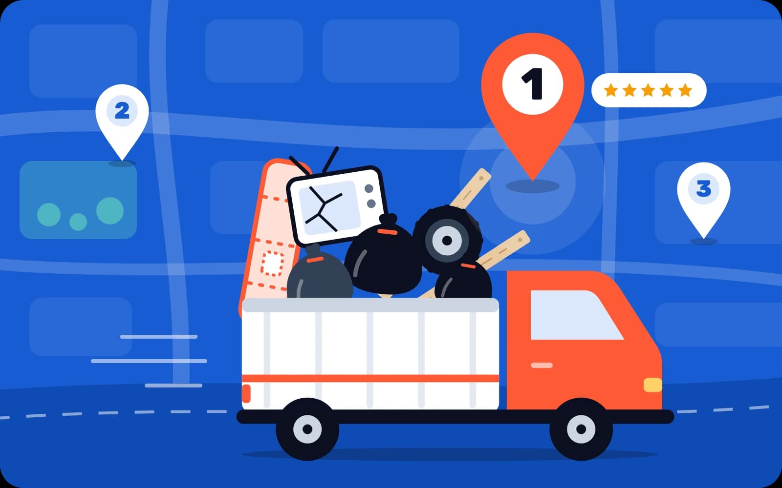 Junk removal SEO: a truck loaded with junk under the number one pin on Google Maps